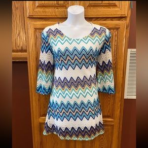 NWT White & Blue Crocheted Chevron Dress with 3/4 Length Sleeves, Size XL